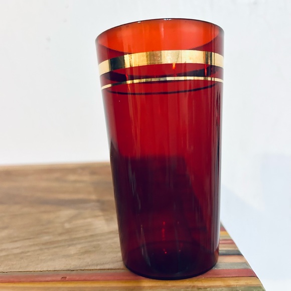 Set Of 6 Vintage Ruby Red With Gold Trim Drinking Glasses/ Vintage Glassware - Picture 7 of 14